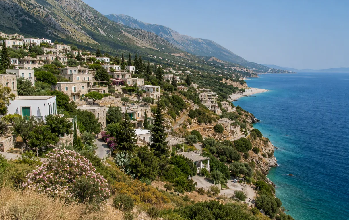 Fshati i vjetër i Dhërmiut me çatitë e gurta mbi detin Jon